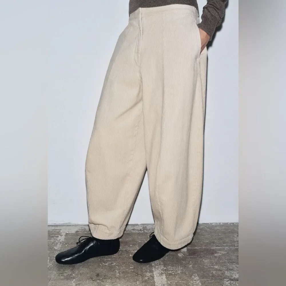 ZARA ZW COLLECTION CORDUROY BARREL PANTS - Picture 9 of 11